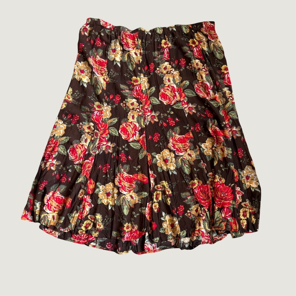 Vintage Woman Brown Floral Midi Skirt Plus 3X 22W 24W Skirt